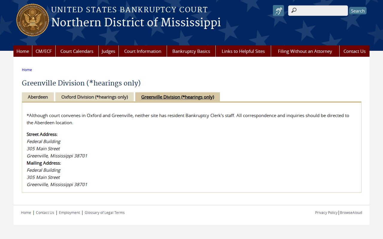 Washington County federal case lookup context with Greenville bankruptcy hearings-only notice