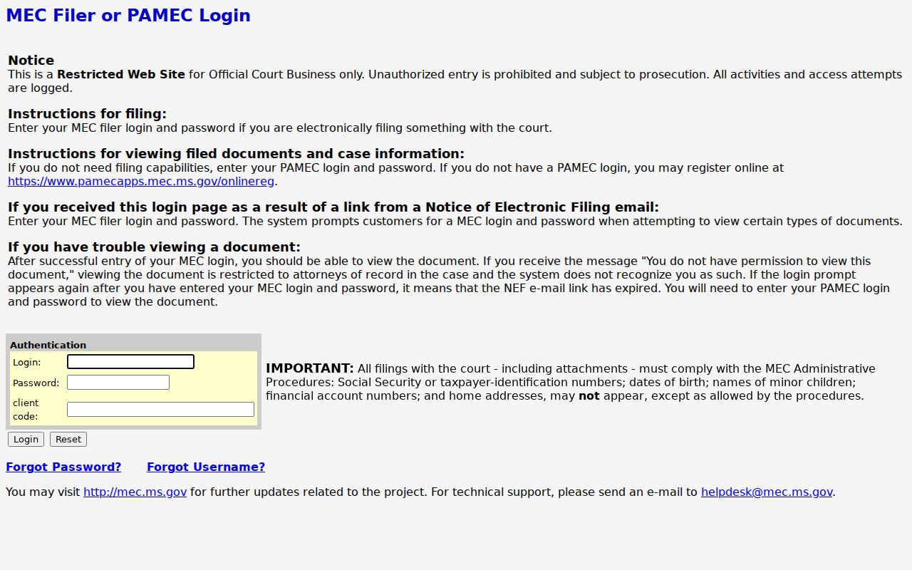 Washington County civil docket Ninth Chancery MEC login interface