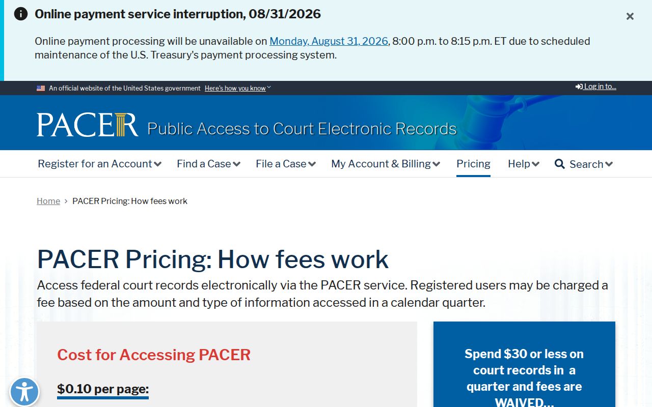 Washington County case lookup context with federal PACER docket pricing