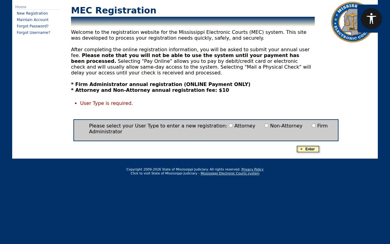 Washington County criminal docket PAMEC registration form fields