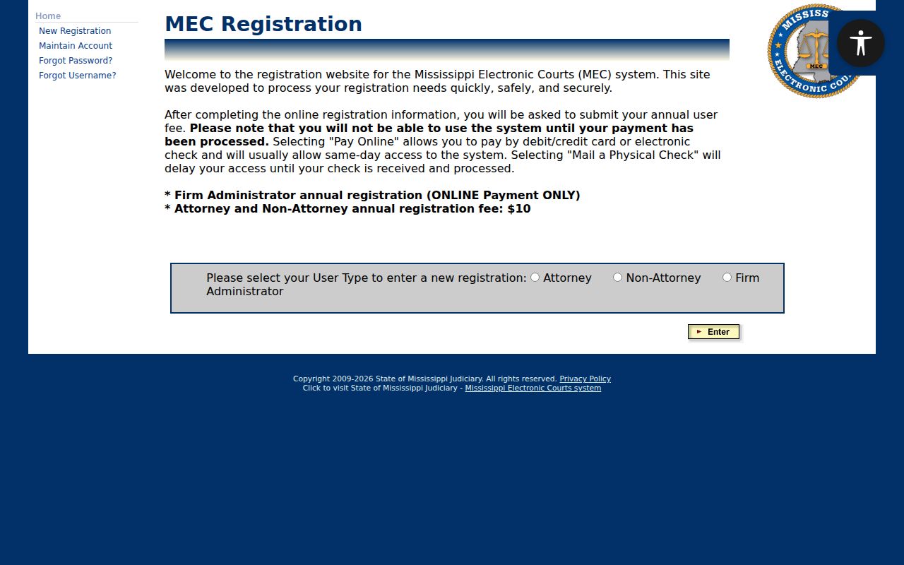 Washington County criminal docket PAMEC registration user type screen